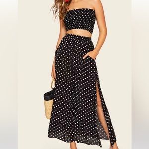 2 Piece Set - Polka Dot Shirred Bandeau Top & Maxi Skirt Set Size Small